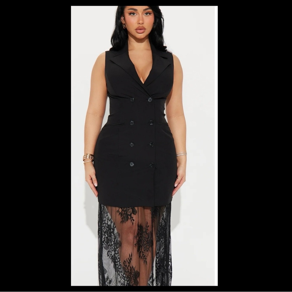 Fashion Nova Black Vest Double Breasted Sleeveless Blazer Maxi Dress Lace Skirt